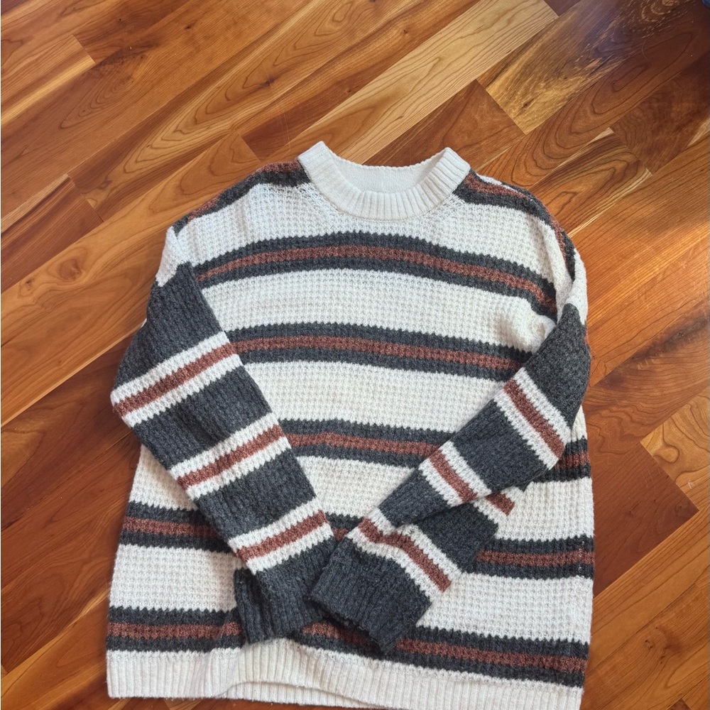 American Eagle Outfitters Cream, Charcoal & Brown Striped Crewneck Sweater